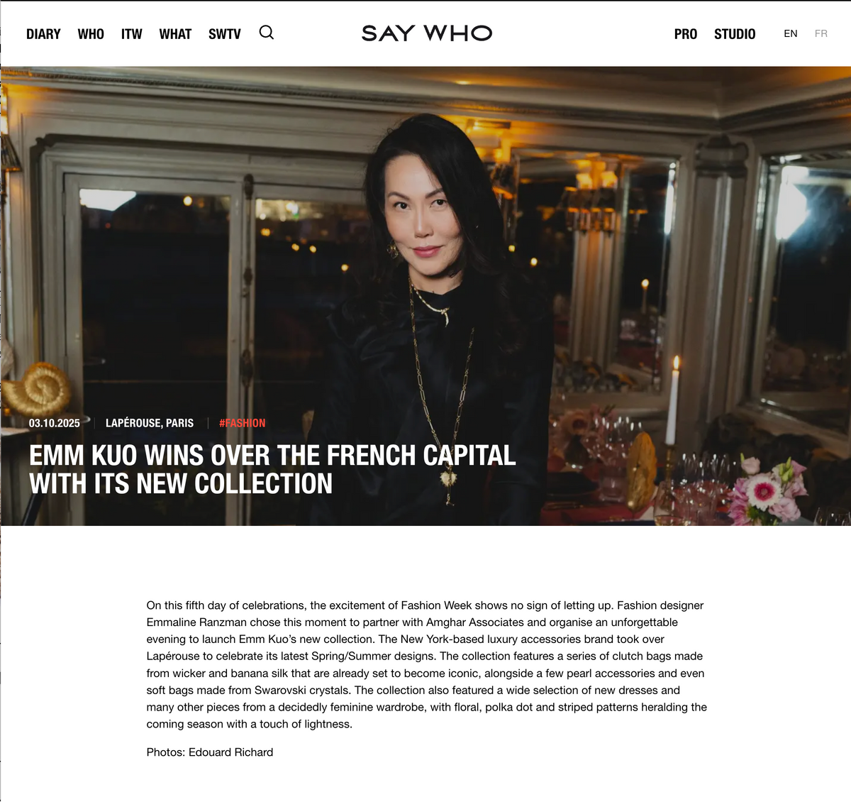 Emm Kuo hosts Paris Fashion Week dinner, featured in SAY WHO